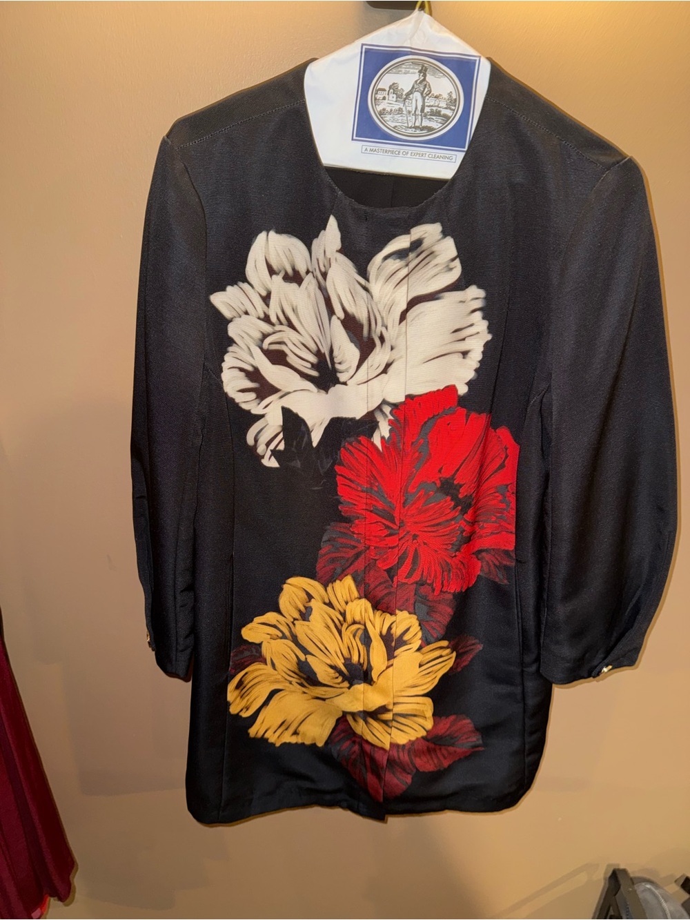 Chico's Black Midi Full Front Zip Dress with White, Red & Yellow Floral Motif